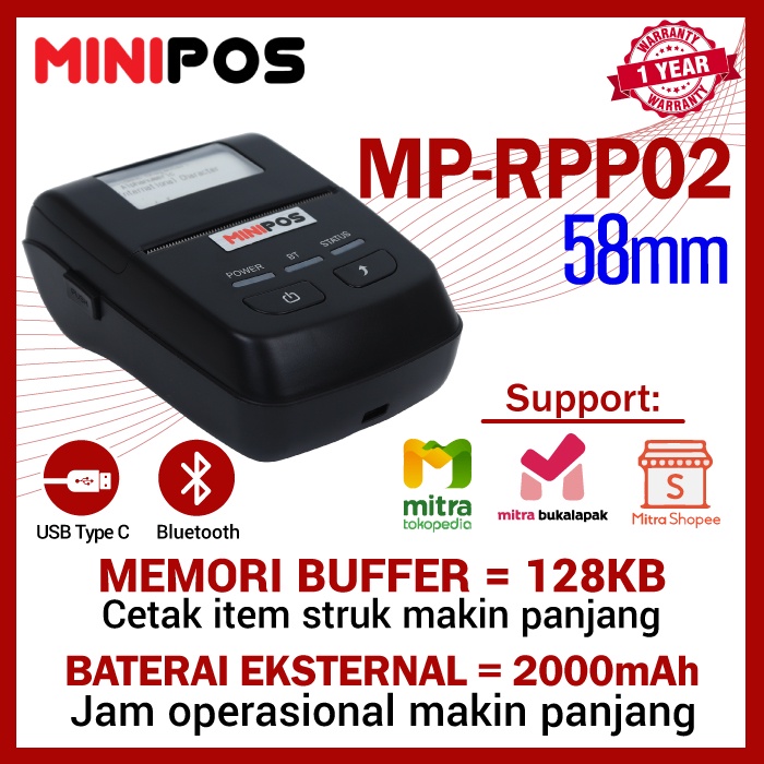 Printer Thermal Bluetooth MINIPOS MP-RPP02 58mm Memori 128KB, Baterai 2000mAh Mobile