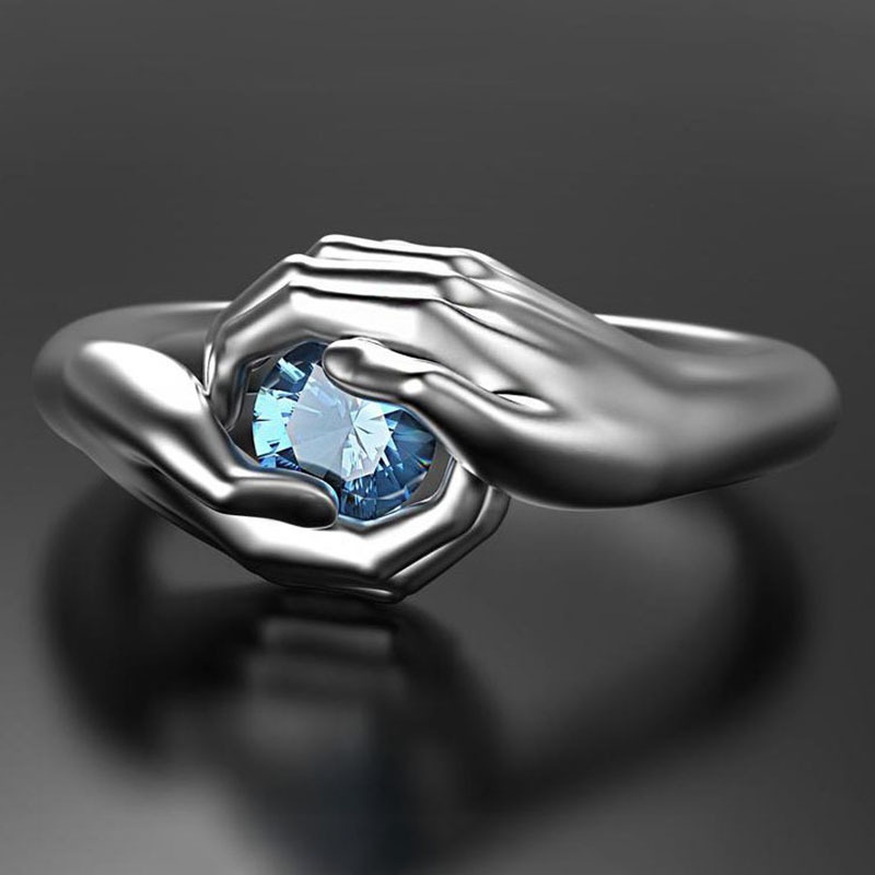 Cincin Desain Sapphire Bibir Aksen Zircon Biru Bahan Metal Warna Silver Gaya Hip Hop Untuk Wanita