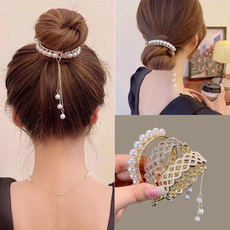 Jepit Rambut Ponytail Bahan Alloy Aksen Mutiara Berlian Imitasi Gaya Korea Untuk Wanita