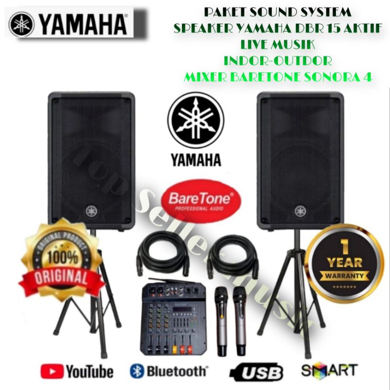 PAKET SOUND SPEAKER YAMAHA 15 DBR + MIXER SONORA 4 PLUS MIC WIRELESS ORIGINAL