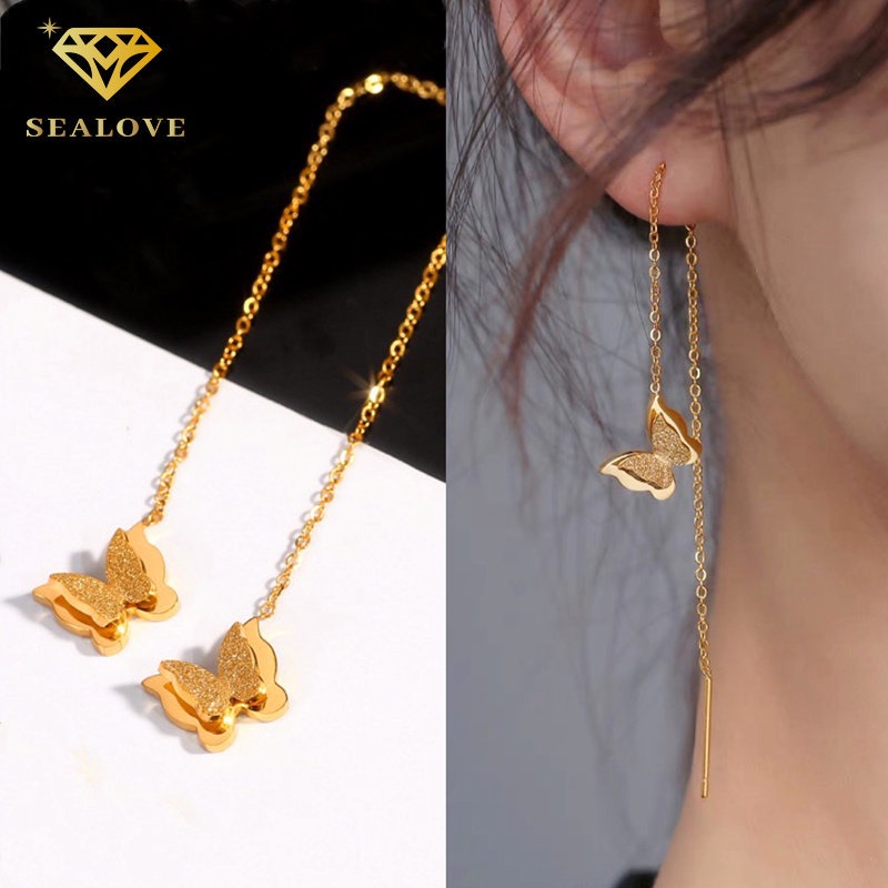 SEALOVE Anting Kupukupu Korea Titanium Panjang Anti Karat Lapis Emas 18K Aksesoris Wanita Anting Rumbai Perhiasan