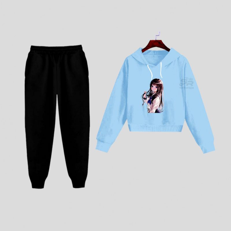 setelan sweater crop celana panjang wanita/gambar karakter Korea kekinian