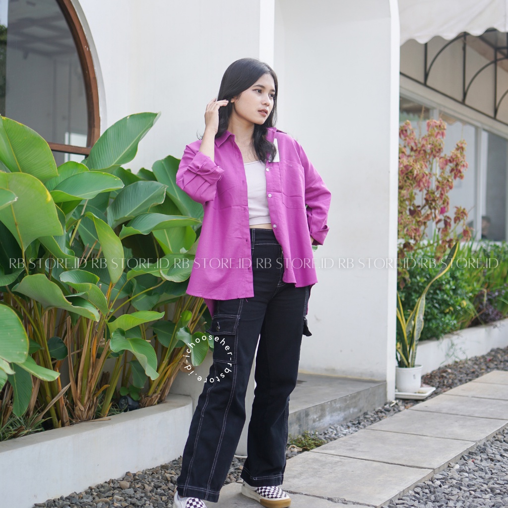 Kemeja Wanita Linen Oversize Olivia Shirt Linen Pocket-OLIVIA PURPLE