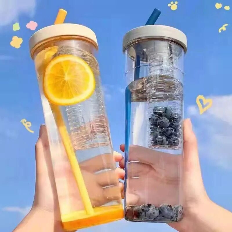 Botol Minum Transparan Infused Water Botol Minum Sedotan Lipat Botol Minum Buah 700ml