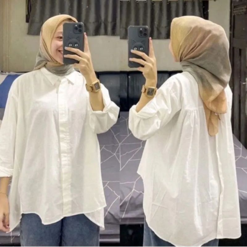 Kemeja Crop Linen Crinkcle Oversize Atasan Basic Shirt Korean Style Lengan panjang Blouse Kancing Depan Belakang