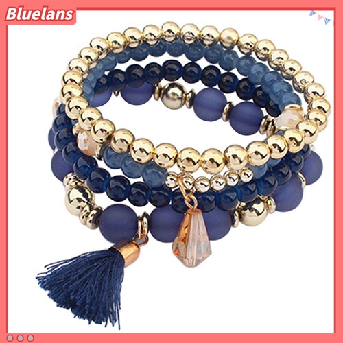 4pcs / Set Gelang Manik-Manik Resin Multilayer Aksen Rumbai Gaya Etnik Untuk Wanita