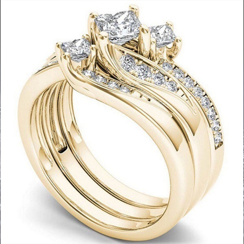 Fancyqube 3Pcs / Set Cincin Kristal Zircon Warna Kuning Emas Ukuran 6-10 Untuk Hadiah Pernikahan Wanita