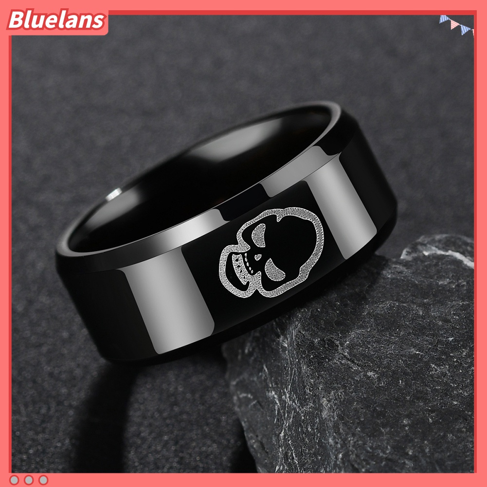 Cincin Pria Motif Print Tengkorak Bahan Stainless Steel Untuk Pesta