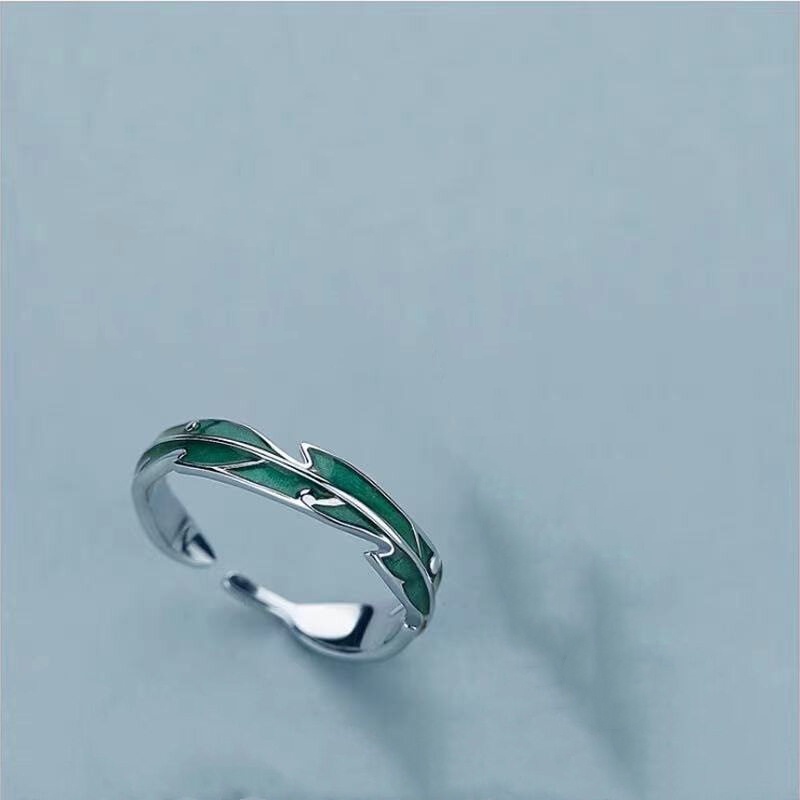 Cincin Enamel Bentuk Daun Hijau Adjustable Untuk Pria Dan Wanita