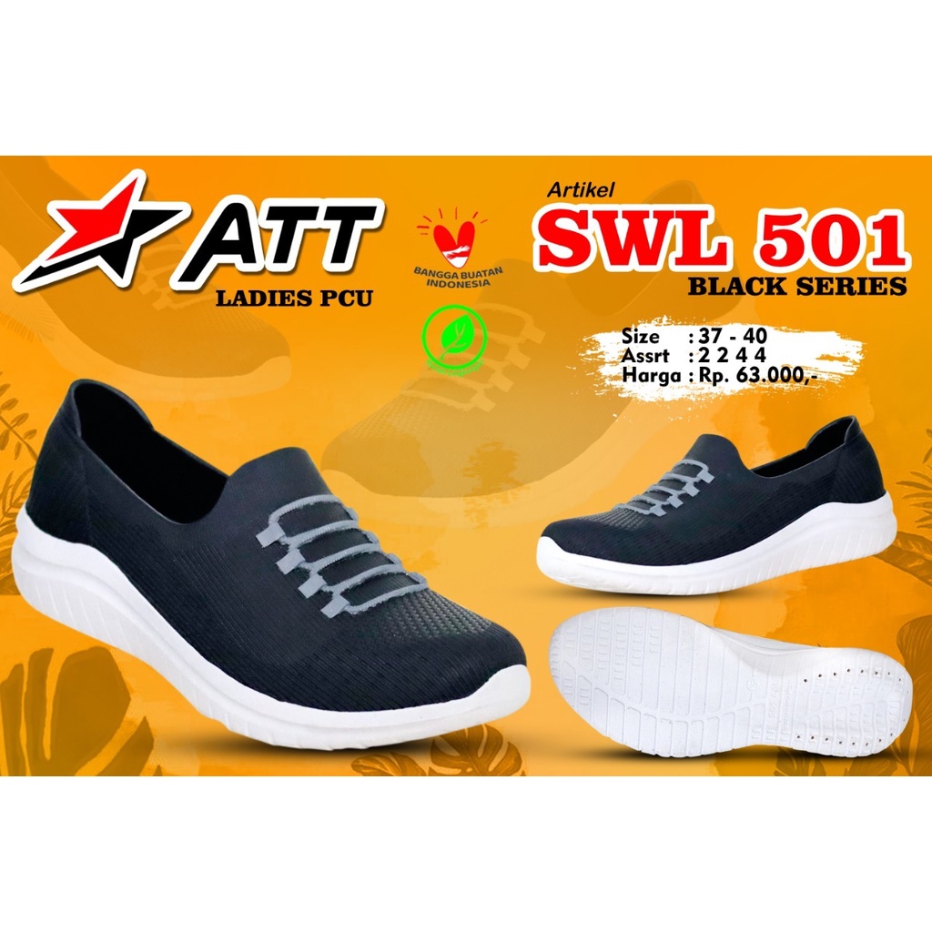 Sepatu Slip On Wanita ATT SWP 501 Karet Sneakers Anti Air PUTIH HITAM