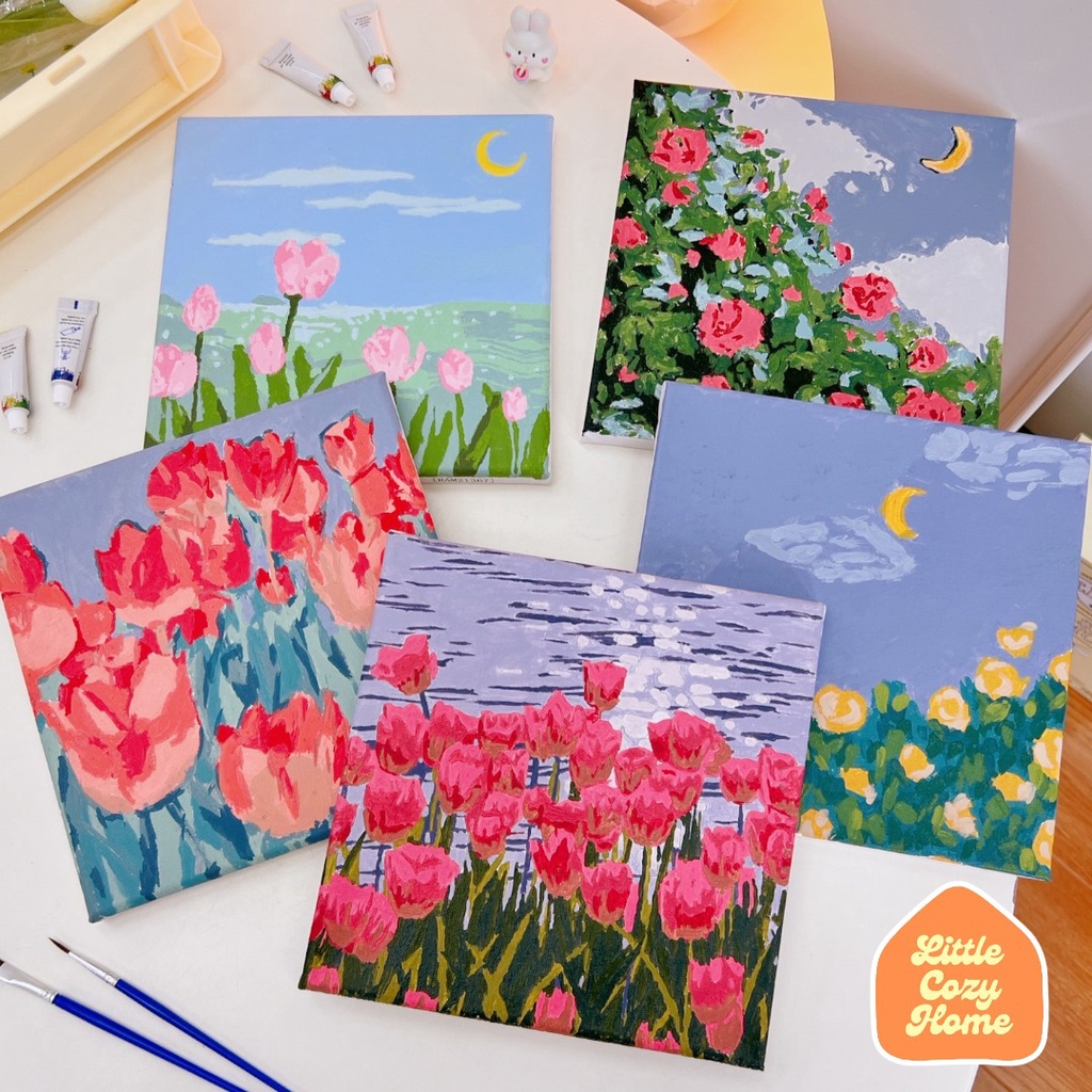 DIY Paint By Numbers Kit Flowers Canvas 20x20cm / Paket Melukis DIY Bunga / Aesthetic Decoration / Dekorasi Rumah Imut Korean Kanvas Style