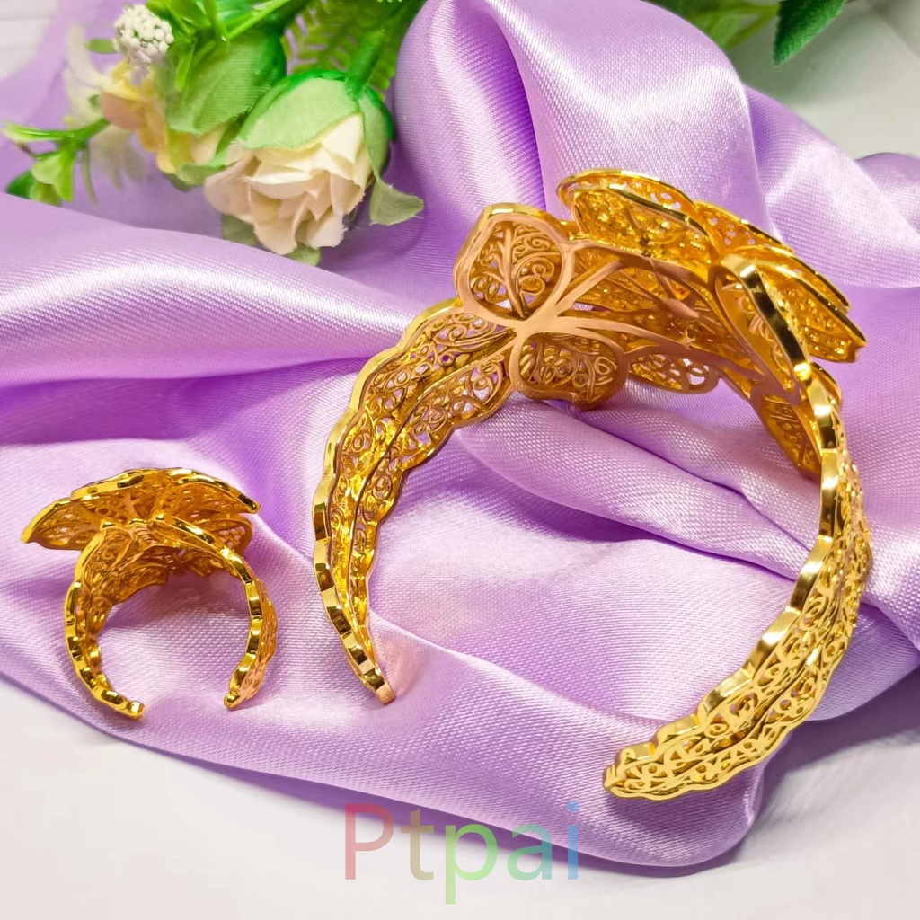 Satu set Gelang Kendari Dan cincin xuping perhiasan lapis Emas 24k Dubai bangle gold