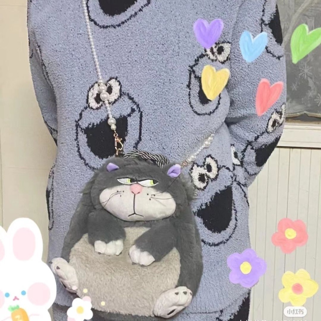 ✒♘♕Sera Sera Factory Outlet Lucifer Kucing Besar Gemuk Kartun Lucu Mewah Beam Mulut Tas Bahu Lucifer Slanted Eye Cat Bag