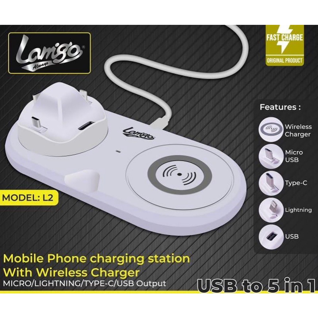 Lamigo WL2 Wireless Charger 5 in 1 Lightning Type C Micro USB cas HP original