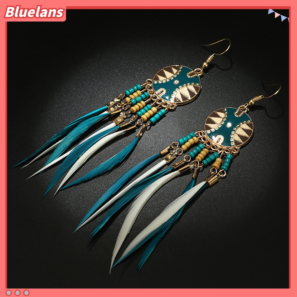 Anting Kait Gantung Desain Bulat Hollow Hias Rumbai Bulu Gaya Eksotik Untuk Wanita