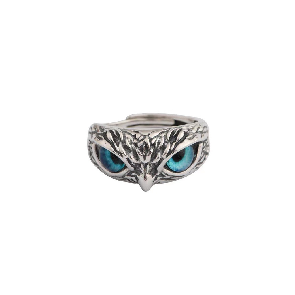 Cincin adjustable Desain Burung Hantu Mata Biru Gaya hip hop vintage Untuk Pria