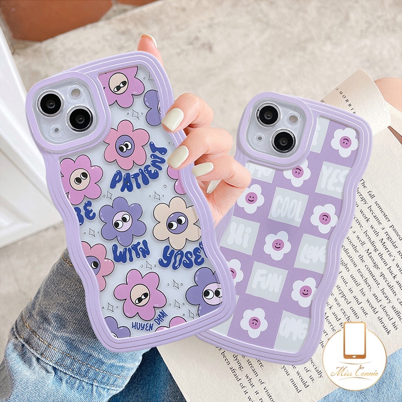 Redmi9 12C 10 10A 9A 10C 9T A1+9C NFC Redmi Note10 11 Pro+Note9 9Pro Note8 Note 10s 11s 10 Pro Max Plus Ins Korea Kartun Lucu Smiley Bunga Ungu Wavy Edge Soft Back Cover