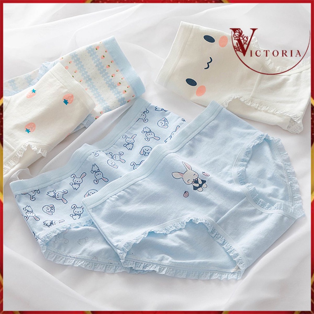 Victoria Celana Dalam Wanita Motif Kelinci Mid Waist Student Briefs Water Blue Strawberry 2073