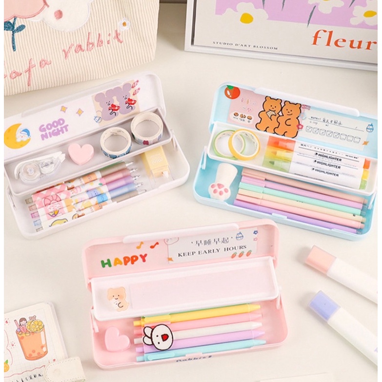 KENSHO Kotak is Pensil Minimalis Korea Tingkat Pencil Case Tepak Lucu Import/ Sticker/ Aesthetic / Cute