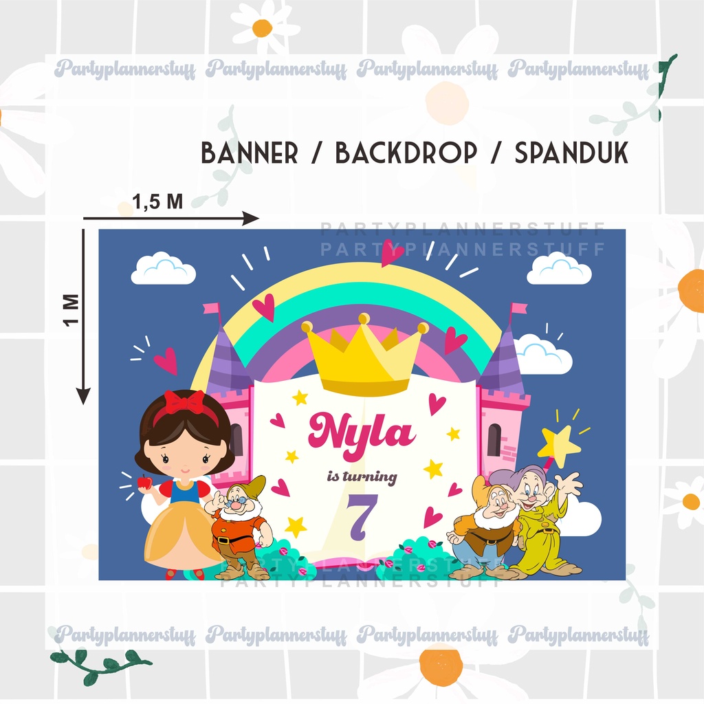 Banner snow white / spanduk snow white / backdrop snow white / tema ulang tahun anak princess snow w