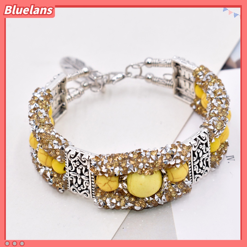 Bluelans Vintage Women Faux Turquoise Beads Rhinestone Carved Bracelet Bangle Jewelry