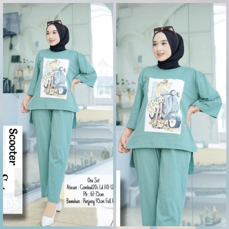 SCOOTER SET BO BAHAN COMBED APLIKASI SABLON UKURAN M L XL XXL PANJANG 67 - 75 CM LD 110 -120 CM SETELAN CELANA DAN ATASAN WANITA SETELAN WANIITA DEWASA MODEL SIMPLE DAN TERBARU 2022 DAPAT BAJU DAN CELANA