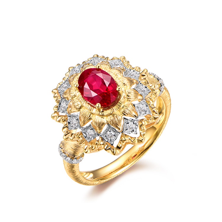 Goldkingdom Perhiasan Fashion 24K Bangkok Aksesoris Ready Stock Teknologi Ukir Emas Asli Kadar 375 Burung Merpati Cincin Permata Merah Dua Warna Emas Asli Kadar 375 Dan Berlian Merah Cincin Gambar Tangan