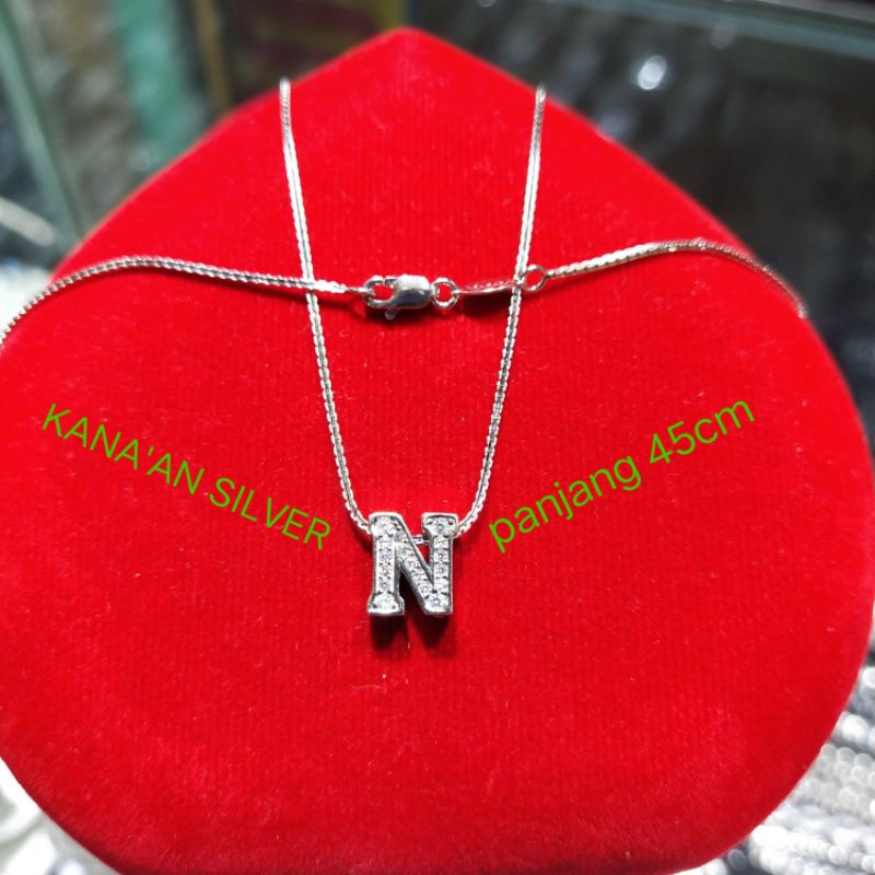 Kalung italy Santa+liontin tusuk huruf (N) 45cm remaja & dewasa perak asli 925 mata diamond putih ki