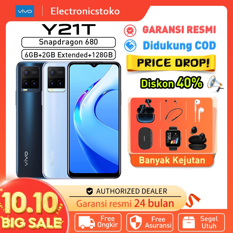 Vivo Y21T RAM 6+2GB Extended ROM 128GB 100% Original hp Vivo Y21T 6.51 inci 5000mAh Battery 18W Fast