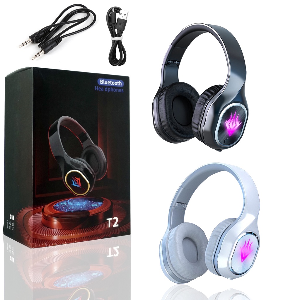 Headset Bluetooth Gaming Earphone Stereo Headphone Music Over Ear With Mic 9D Dynamic HD Sound RGB Light For Komputer Laptop Handphone- T2