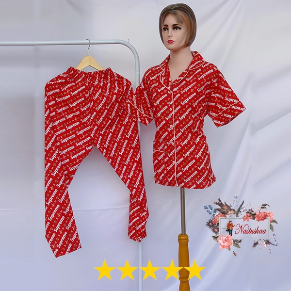 BAJU TIDUR PIYAMA PAJAMAS SETELAN DEWASA WANITA MOTIF BRANDED BAHAN KATUN JEPANG BABYDOLL KANCING DEPAN BUSUI FRIENDLY LENGAN PENDEK CELANA PANJANG ALL SIZE