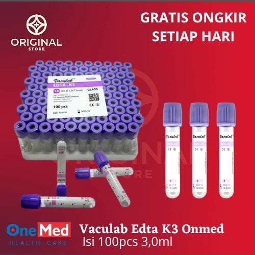 Tabung Darah Vaculab K3 EDTA 3ml Glass ONEMED isi 100