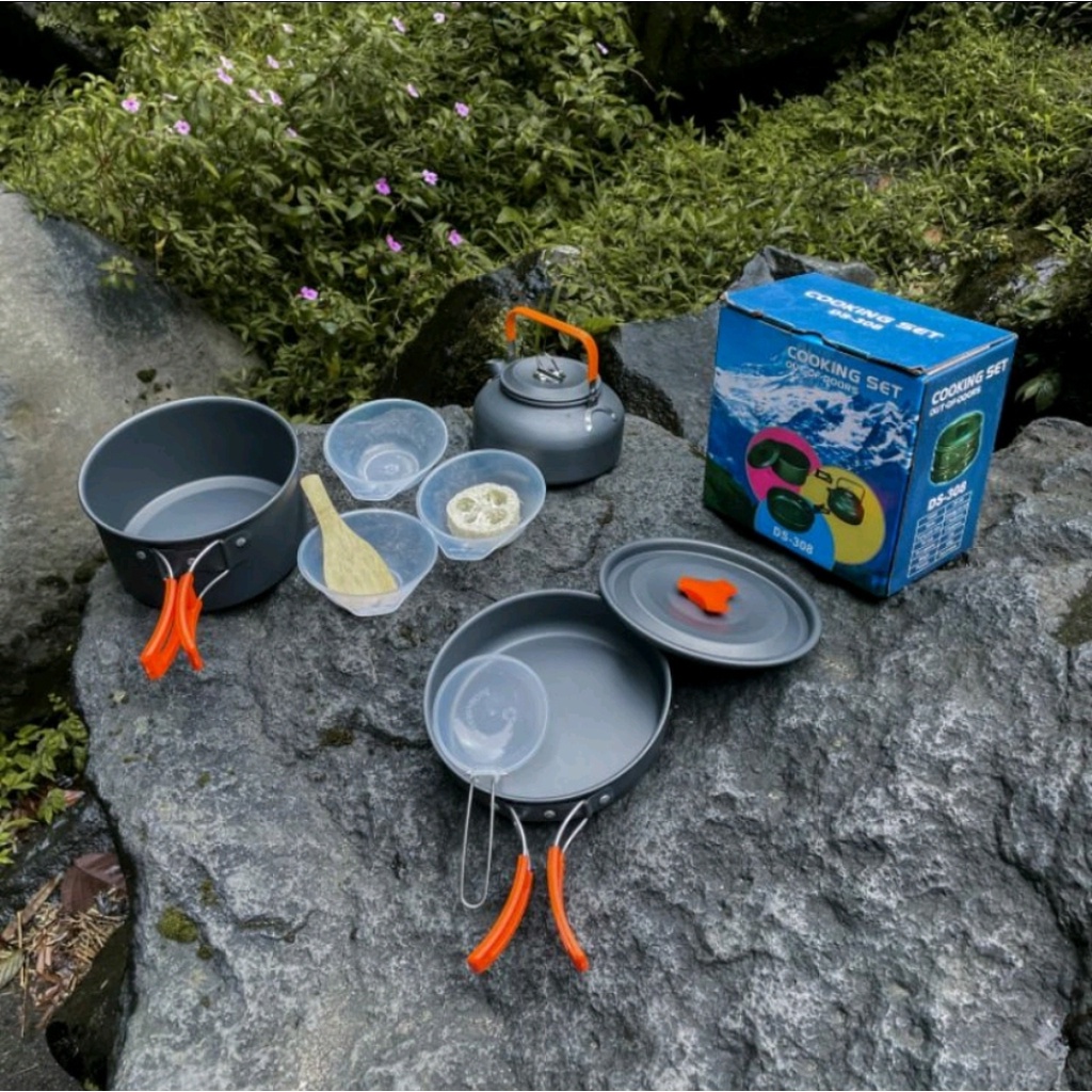 Cooking Set Plus Teko DS-308 &amp; Kompor Mawar Nesting Ceret Camping Outdor