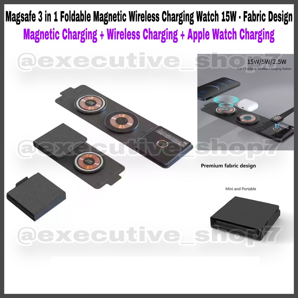 Magsafe 3 in 1 Foldable Magnetic Wireless Charging Watch 15W - Fabric Design Magnetic Charging + Wireless Charging + Apple Watch Charging