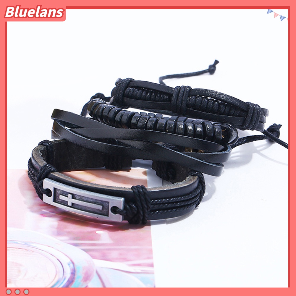 4pcs / Set Gelang Tali Kulit Imitasi Multilayer Adjustable Untuk Pria