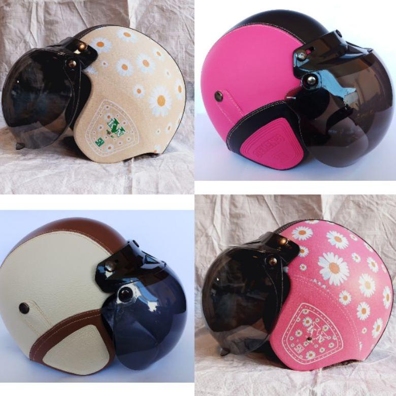 "BKT.18Oc22т" HELM BOGO Full Kulit Retro Klasik Motif Polos Army Cream Bunga Hijau Orange Ungu Kunin