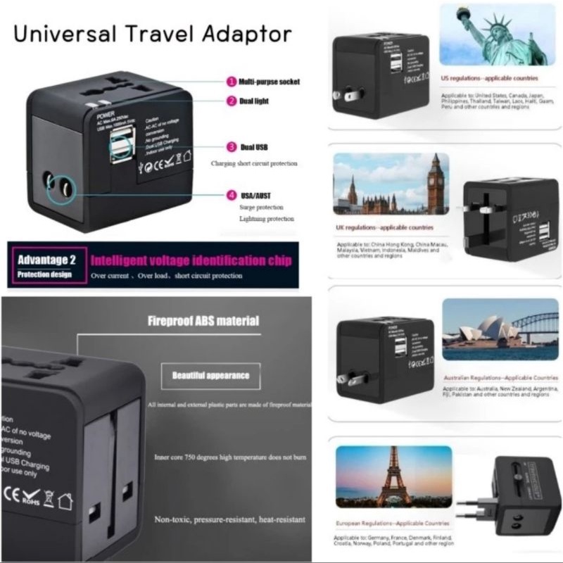 Travel Adaptor Universal Plug EU UK &amp; USB Port / All in One Adaptor