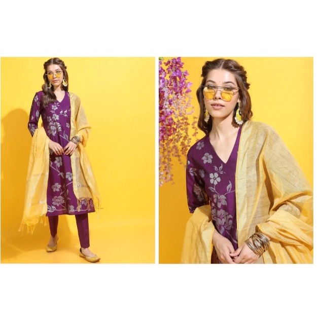 Baju Kurti Size L Asli India Vishudh dengan Celana dan Selendang Dupatta / Baju Anarkali Asli India 