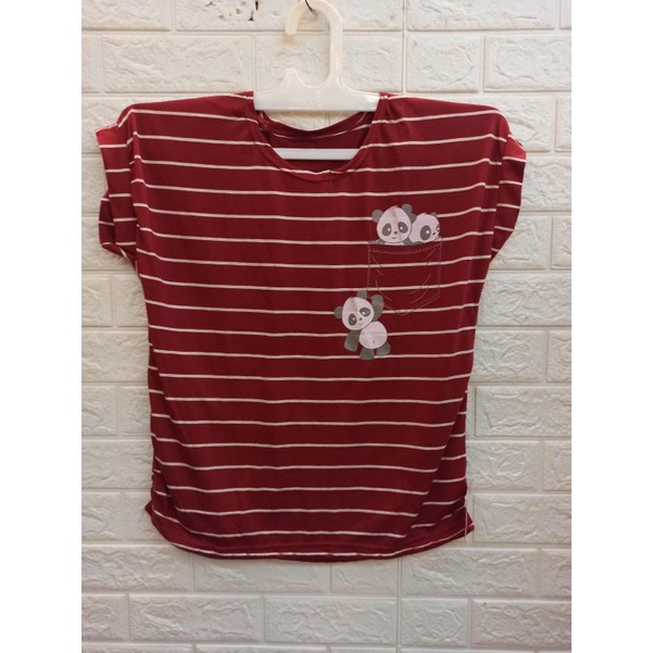 Tshirt kaos ladies cewek stripe maroon panda