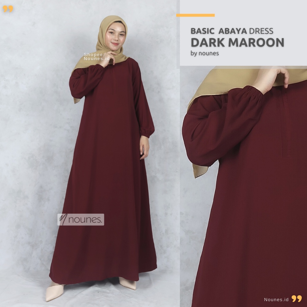 Nounes Basic Abaya Dress Gamis Daily Polos Syari Wanita Muslim Lengan Panjang Saku Kanan Busui Friendly Plain Sleve Inner Wolfis Woolpeach Grade A Warna Black Pink Navy Hijau Maxi Simple Size S M L XL Jumbo XXL LD 92 98 104 110 120-DARK MAROON
