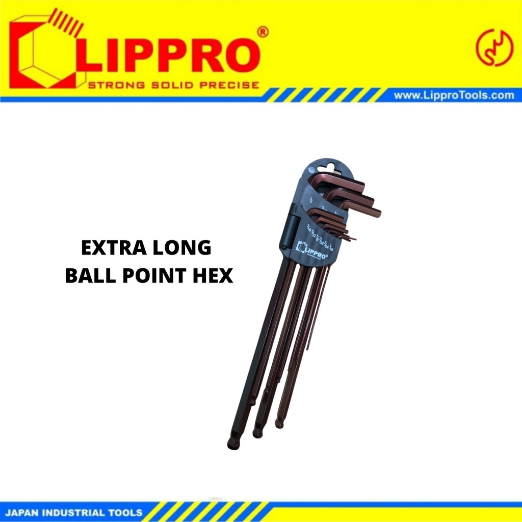 LIPPRO 168AF Set Kunci L 9pcs Extra Long Hex Key with Ball Point 1/16&quot;-3/8&quot;