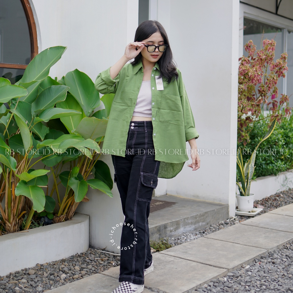 Kemeja Wanita Linen Oversize Olivia Shirt Linen Pocket-OLIVIA AVOCADO