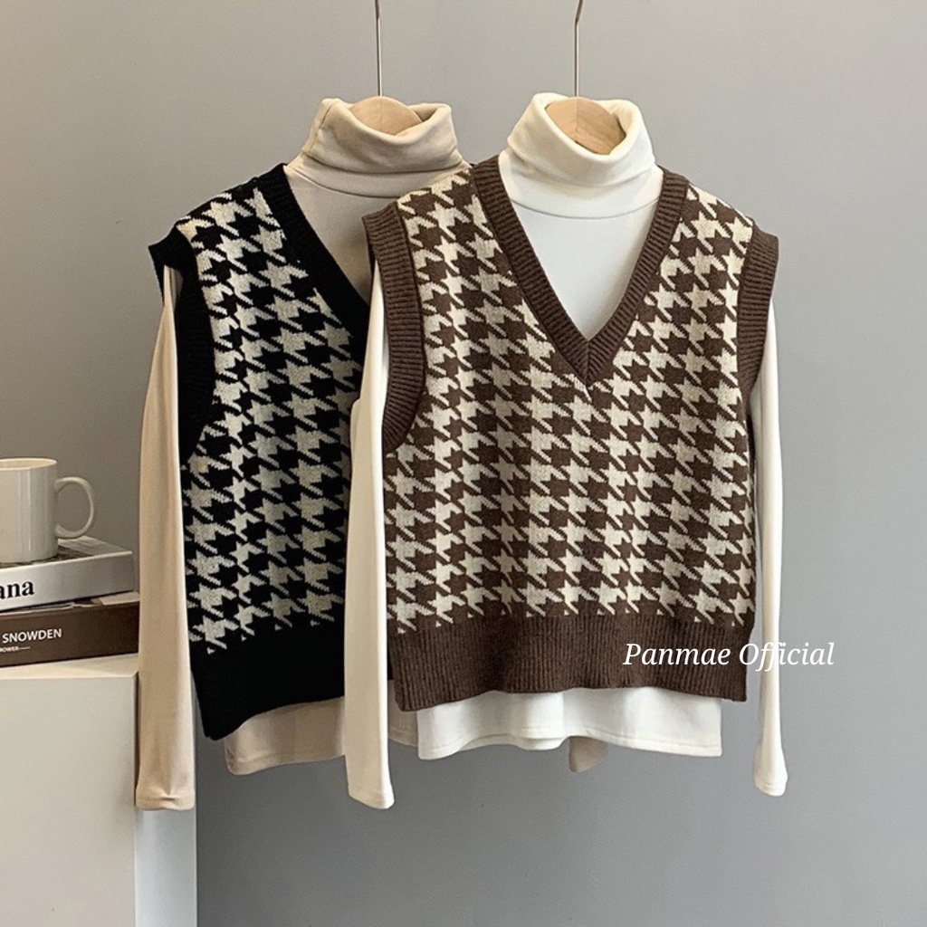 ROMPI HOUNDSTOOTH - VEST RAJUT - ATASAN WANITA - VEST HOUNDSTOOTH - BAJU WANITA - BAJU KOREAN STYLE