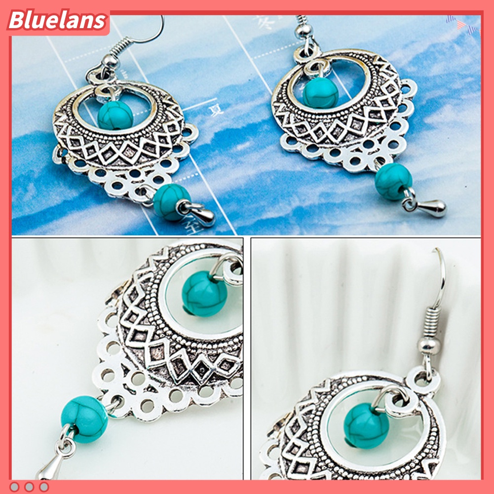 Bluelans Boho Women Turquoise Bead Dangle Hollow Charm Hook Earrings Wedding Jewelry