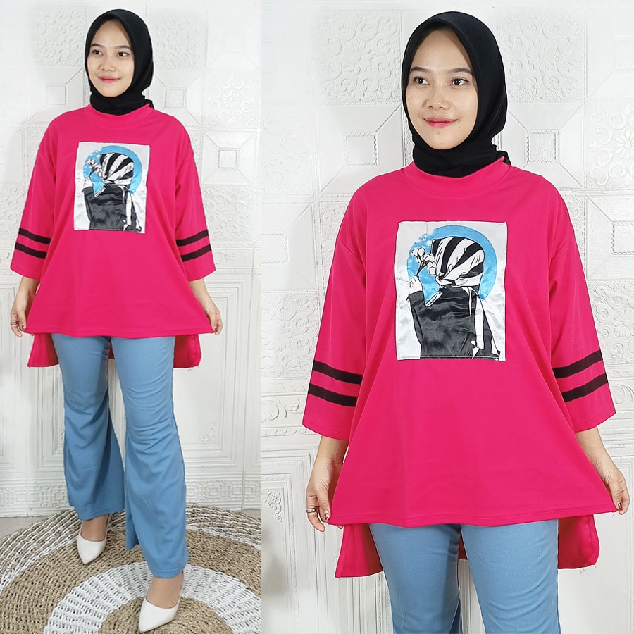 CARLINA SETELAN BASIC WANITA HIJAB ATASAN OVERSIZE DAN CELANA BIRU PANJANG ZUBRAY