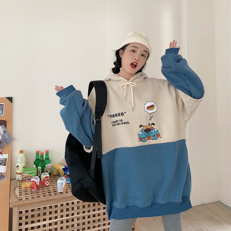 Hoodie Tikkeo Kombinasi Warna - Korean Style - Baju Wanita - Bahan Fleece - Allsize - Terbaru