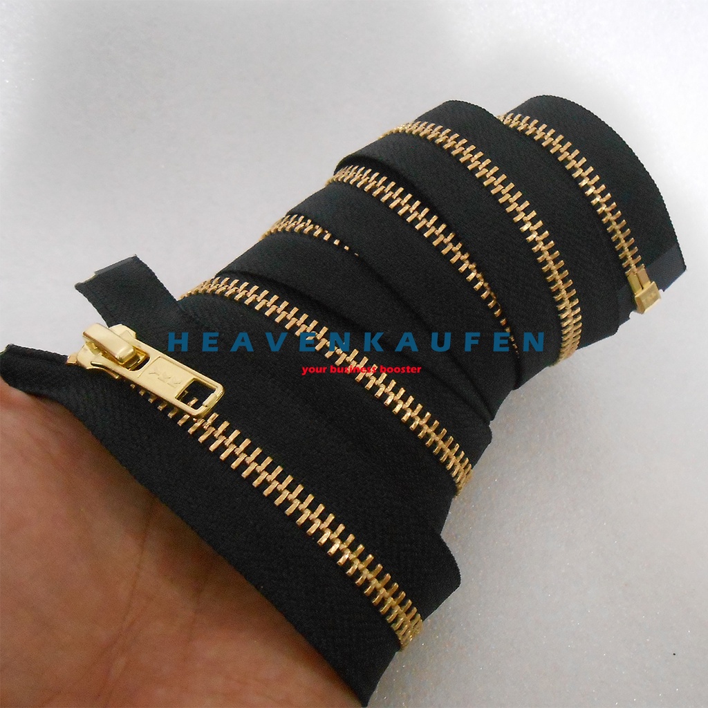 Resleting Zipper YKK 100 cm Atau 1 Meter Type Gigi Besi Hitam - Gold Emas Set Open End Buka Lepas