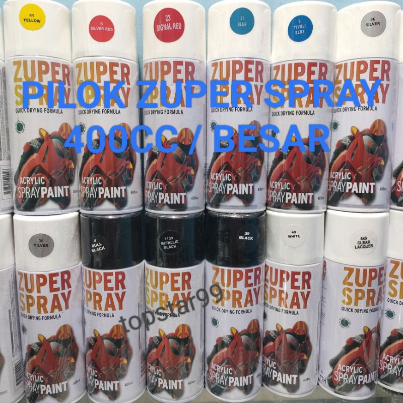 Pilok Pilox Cat Semprot Zuper 400cc Black 39 Hitam Metalic 1139 Dull Black Doff Dop 4 Signal Red Merah Cabe 23 Silver 36 White Putih 40 Tivoli blue 9 Biru 21 Clear Pernis Glossy 540 Merah Ferari 6 Yellow Kuning 41 Epoxy Metalik Acrylic Spray Paint
