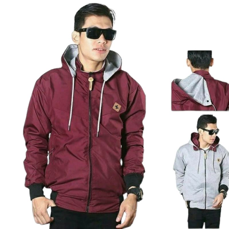 JAKET BOLAK BALIK PREMIUM UNISEX KEKINIAN BAHAN PARASUT + FLEECE BAHAN TEBAL DAN HALUS KUPLUK BISA D