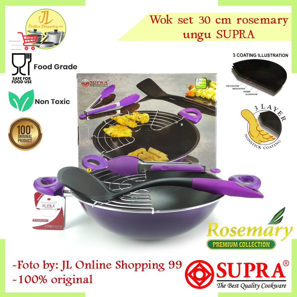 Wok set SUPRA 30cm Ungu / Wajan Tempura / Wajan teflon anti lengket